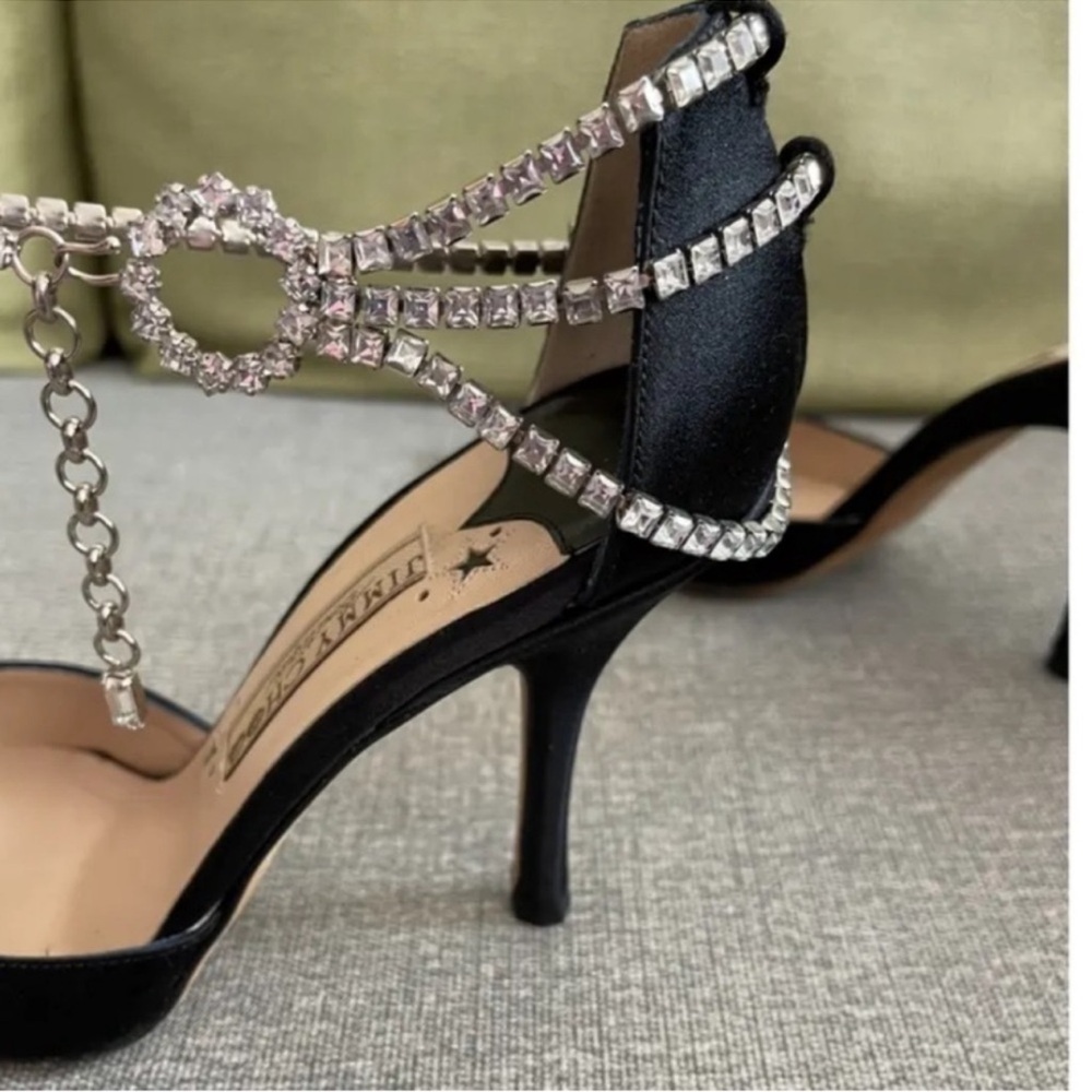 Jimmy Choo Black Satin Heels with Silver Chain Detail